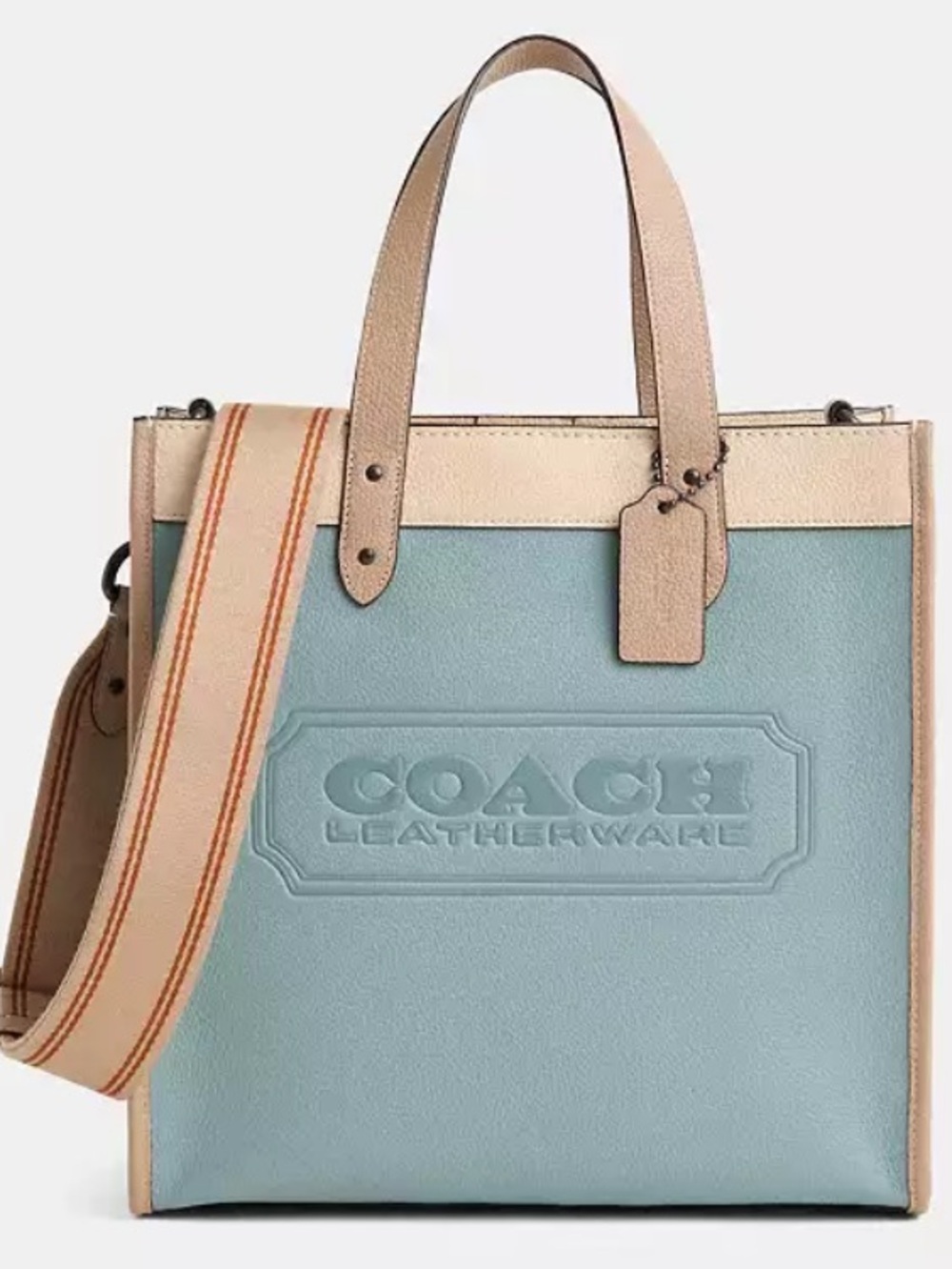 Coach Field Tote Colorblock Pebbled Leather Light Blue Beige C5026